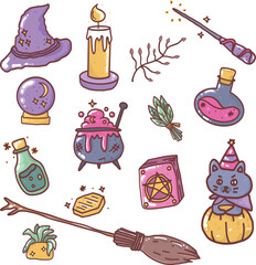 Set of halloween cute doodle hand drawn illustration
