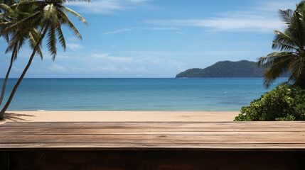 Wooden table against the backdrop of blue sea and palm trees in the South Pacific