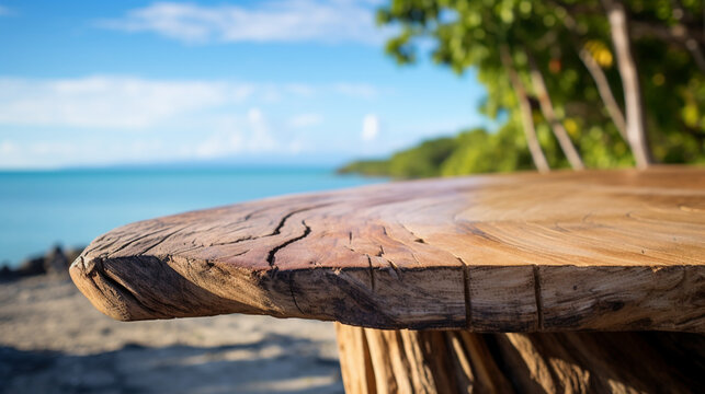 Wooden table against the backdrop of blue sea and palm trees in the South Pacific