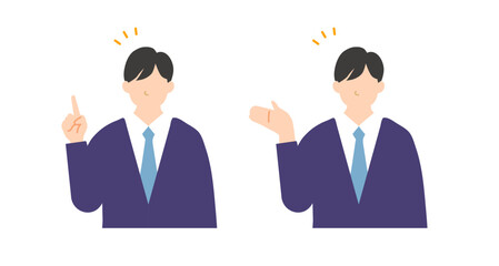 説明と案内をするスーツ姿のビジネスパーソンのフラットなイラスト