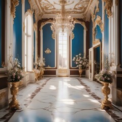 Naklejka premium Wedding Maternity Digital Backdrop Blue Empty Room Royal Palace Floral Marble Room Studio Overlays Photography Backgrounds Props, 