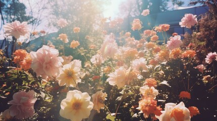 Nostalgic film photograph of everyday life from our childhood, flowers in the back yard, light leaks and old camera artifacts