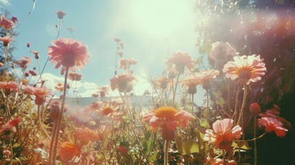 Nostalgic film photograph of everyday life from our childhood, flower patch, light leaks and old camera artifacts - obrazy, fototapety, plakaty