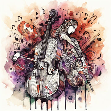cellist musician playing cello over white background graphic illustration