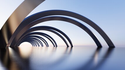 Obraz premium The black arches on the flat floor, with aky background. 3D illustration render