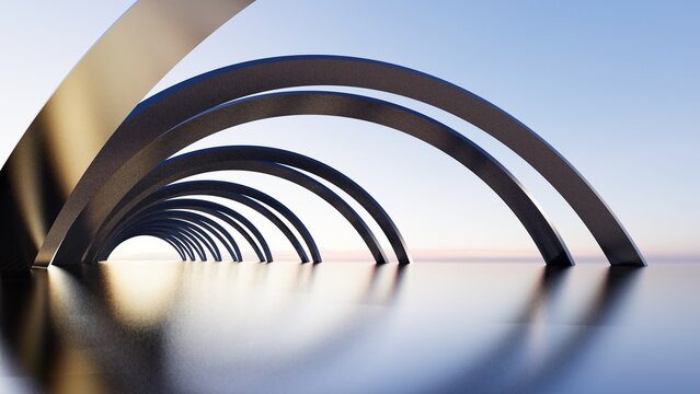 The black arches on the flat floor, with aky background. 3D illustration render