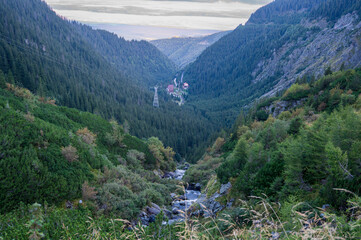 Mountain valley with green coniferous forest.