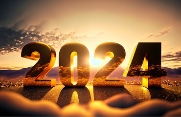 An epic 2024 in 3D type gold in a sunrise scene, with space for text.