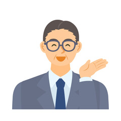 案内する中年男性会社員。フラットなベクターイラスト。 A middle-aged male office worker guiding. Flat designed vector illustration.
