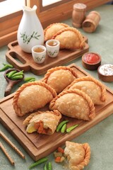 Jalangkote  is a South Sulawesi fried dumpling from Indonesian cuisine, stuffed with rice vermicelli, vegetables, potatoes and eggs. Spicy, sweet and sour sauce will be dipped into prior to be eaten. 