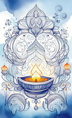  watercolor illustration Diwali theme line art doodle cartoon pattern, backgrounds for smartphone,