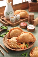 Jalangkote  is a South Sulawesi fried dumpling from Indonesian cuisine, stuffed with rice vermicelli, vegetables, potatoes and eggs. Spicy, sweet and sour sauce will be dipped into prior to be eaten. 