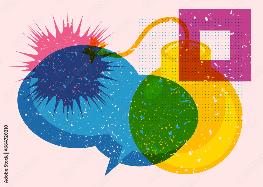 Poster risograph bomb with speech bubble and geometric shapes. object in trendy riso graph design. geometry
