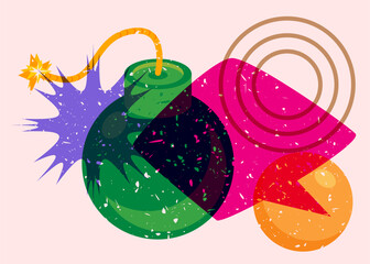 Risograph bomb with speech bubble and geometric shapes. Object in trendy riso graph design. Geometry elements abstract print texture style.