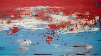 red blue 4th of july usa wooden wallpaper. Texture of flaking paint worn wood board old style vintage abstract. advertisement, banner, card. for template, presentation. copy text space.