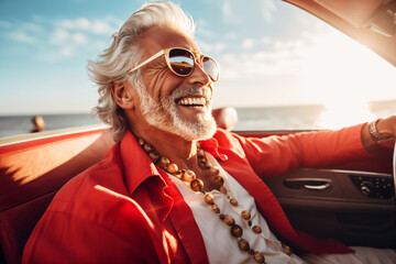 Happy bearded old man enjoying summer road trip, adventure in luxury convertible car, happy old age, lifestyle of wealth and freedom,spring/winter road trip