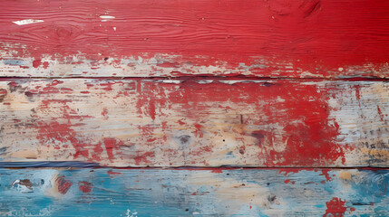 red blue 4th of july usa wooden wallpaper. Texture of flaking paint worn wood board old style vintage abstract. advertisement, banner, card. for template, presentation. copy text space.