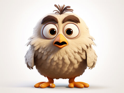 A 3D Cartoon Chicken Sad and Surprised on a Solid Background