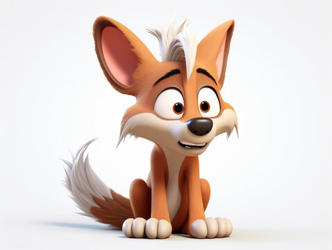 A 3D Cartoon Coyote Sad and Surprised on a Solid Background