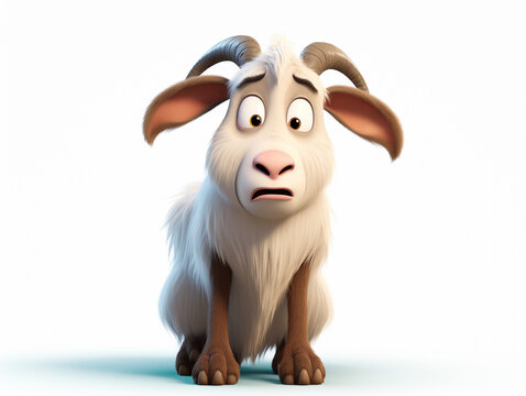 A 3D Cartoon Goat Sad and Surprised on a Solid Background