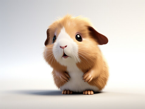 A 3D Cartoon Guinea Pig Sad and Surprised on a Solid Background