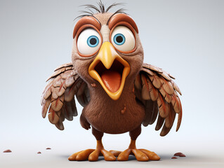 A 3D Cartoon Turkey Sad and Surprised on a Solid Background