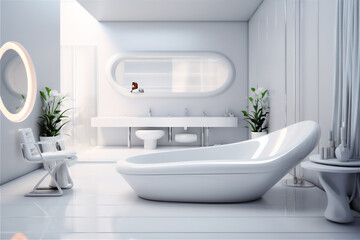 Fototapeta na wymiar minimalist luxury bathroom with futuristic theme, large bathtub, futuristic basin and shower, white towels, cosmetic racks and large mirror, two chair and little table with flower, hyper realistic,