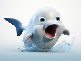 A 3D Cartoon Whale Sad and Surprised on a Solid Background