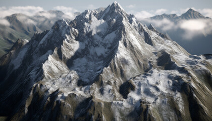 Majestic mountain peak, snow covered, panoramic beauty in nature, high up generated by AI