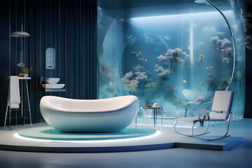 minimalist luxury bathroom with under water theme, large bathtub, futuristic basin and shower, white towels, cosmetic racks and large mirror, two chair and little table with flower, hyper realistic,