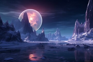 Scenic vista of icy planet. Generative AI - obrazy, fototapety, plakaty