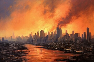 Realistic depiction of Mumbai's skyline with buildings on fire. Generative AI