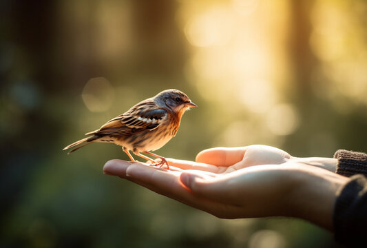 hand holding a cute little bird. AI Generated Images