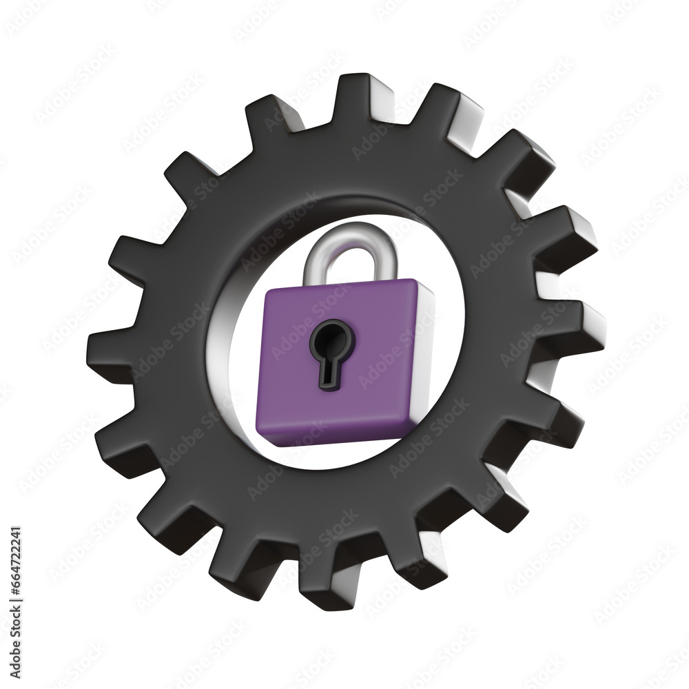 Poster digital encryption lock gear, cyber security 3d render.