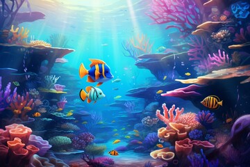 vibrant marine ecosystem with tropical fish swimming freely in an enchanting underwater environment. Generative AI