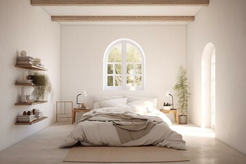 White bedroom design with Scandinavian and Hamptons inspiration featuring light walls, farmhouse furniture, dry plants, and a 3D render. Generative AI