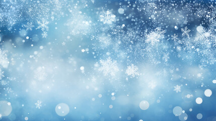 Fototapeta premium Abstract blue wintery christmas background with sparkling snowflakes and light bokeh