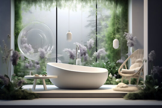 minimalist luxury bathroom with meadow theme, large bathtub, futuristic basin and shower, white towels, cosmetic racks and large mirror, two chair and little table with flower, hyper realistic,