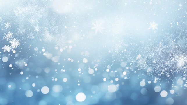 Abstract blue wintery christmas background with sparkling snowflakes and light bokeh