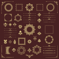 Vintage set of golden horizontal, square and round elements. Different elements for backgrounds, frames and monograms. Set of golden classic vintage patterns.