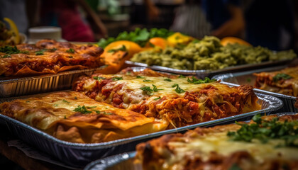 Obraz premium Freshness and variety on a plate, a homemade Italian lasagna generated by AI