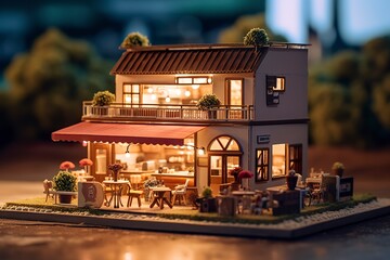 A charming and cozy coffee shop Set beside a busy highway with Warm and golden sunset light, and a Picturesque sunset view with vibrant colors.