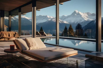 Zelfklevend Fotobehang  A luxurious villa with a private pool surrounded by the dramatic landscapes of the Swiss Alps. Showcase the villa's alpine chic design and breathtaking mountain views. © Kuo