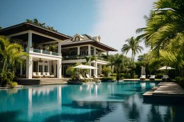 Fototapeta na wymiar A magnificent villa with a grand pool surrounded by lush tropical greenery. Showcase a luxurious outdoor living area, palm trees, and a clear blue sky.
