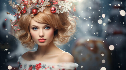 Christmas Woman Beauty. Beautiful Girl hairstyle in Fir Tree decor with Xmas Ornaments. Women Face Skin Winter Care. Fashion Model