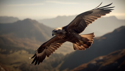 Fototapeta premium Majestic hawk soars in mid air, spreading wings against mountain sunset generated by AI