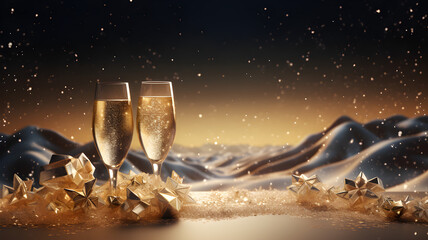champaign glasses holiday gold snowflakes sparkling night with mountains in the background, elegant and luxurious style, new year - obrazy, fototapety, plakaty