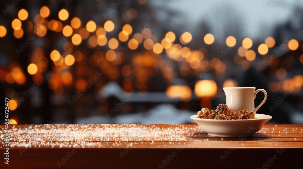 Poster empty table in front of christmas tree with decorations background. for product display montage