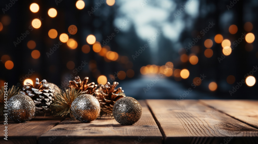 Poster empty table in front of christmas tree with decorations background. for product display montage