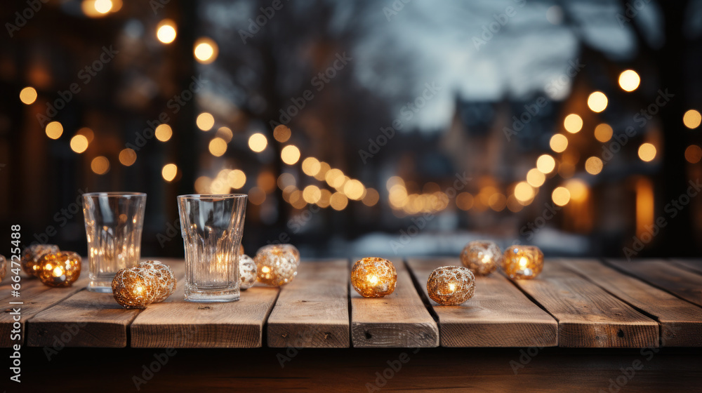 Poster empty table in front of christmas tree with decorations background. for product display montage